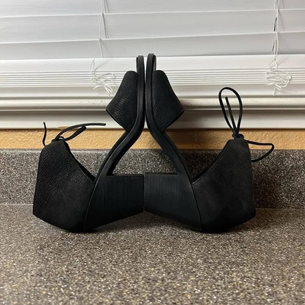 Eileen Fisher Black Textured Leather Chunky Heels Tie Up Peep Toe Women's Sz 9.5